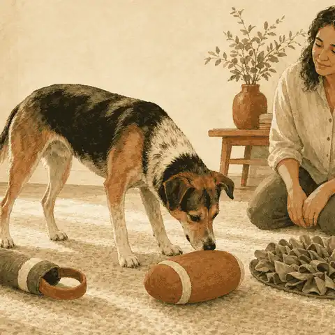 A mixed-breed dog sniffs three large toys on a rug while a caregiver kneels nearby.