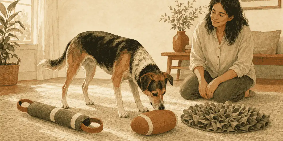 A mixed-breed dog sniffs three large toys on a rug while a caregiver kneels nearby.