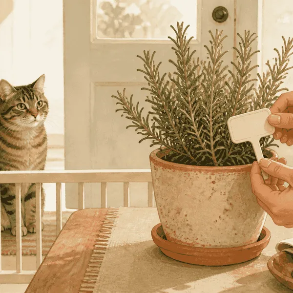 A tabby cat watches from behind a low gate while a caregiver checks a rosemary plant label.