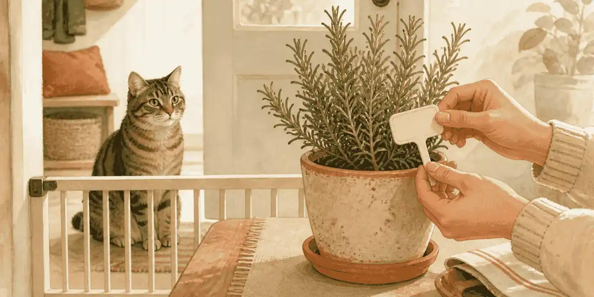 A tabby cat watches from behind a low gate while a caregiver checks a rosemary plant label.