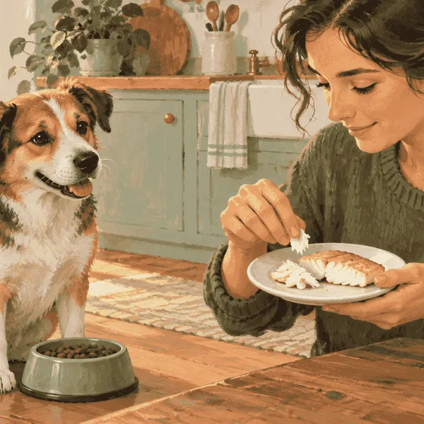A dog waits beside its regular food while a caregiver checks a small plate of plain cooked fish for bones.