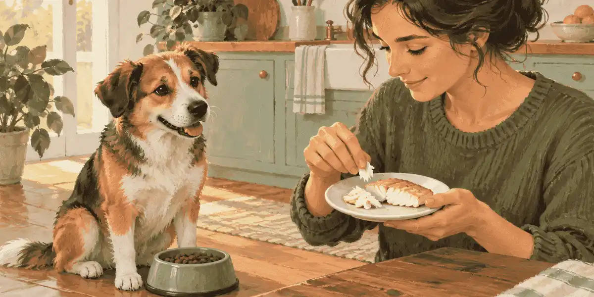 A dog waits beside its regular food while a caregiver checks a small plate of plain cooked fish for bones.