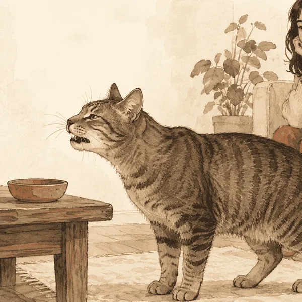 A tabby cat pauses beside an unbranded scent sample while a caregiver watches from across a quiet room.