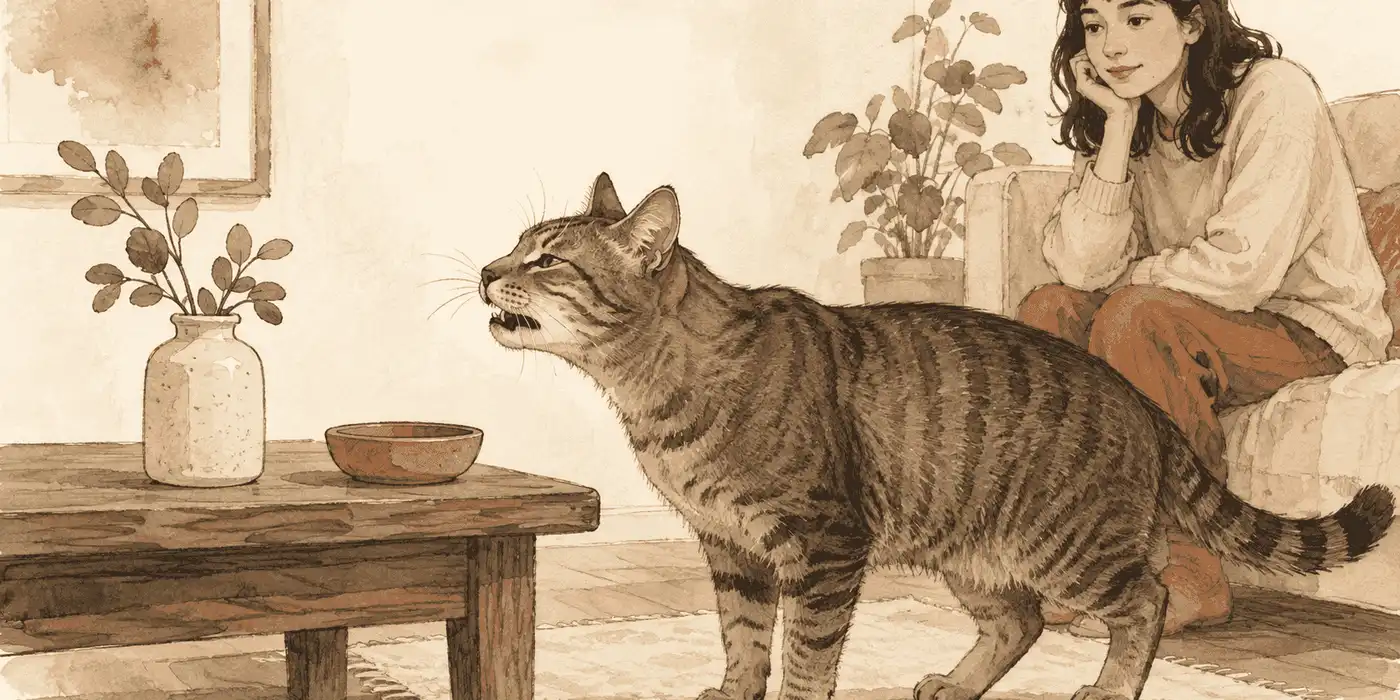 A tabby cat pauses beside an unbranded scent sample while a caregiver watches from across a quiet room.