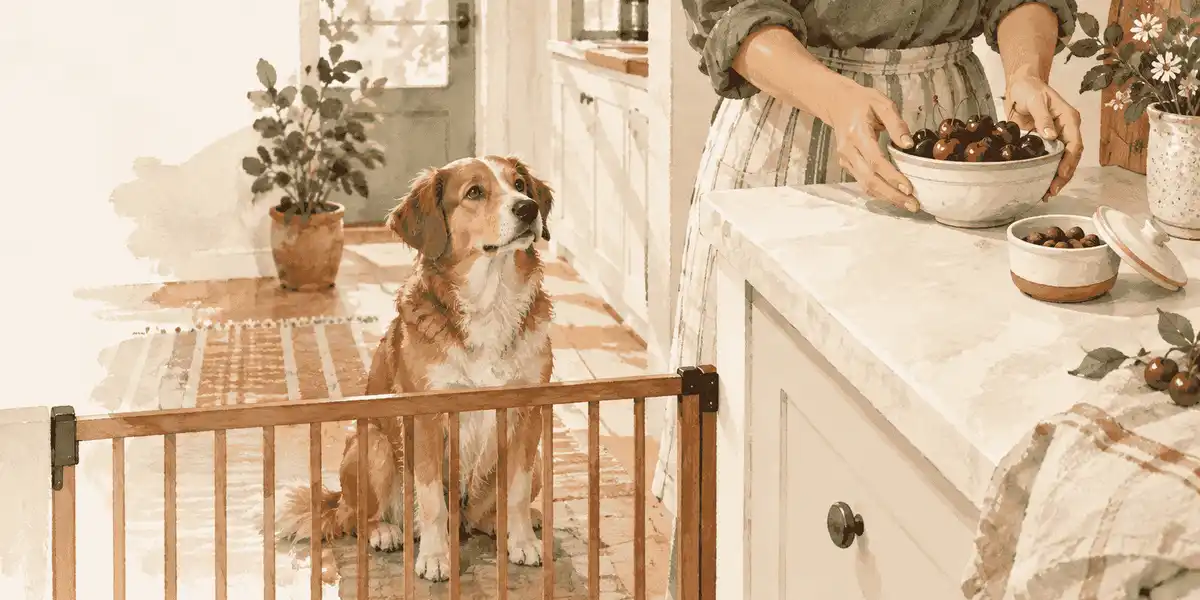 A dog waits beside a small bowl of whole cherries and a separate note about keeping the pits away.