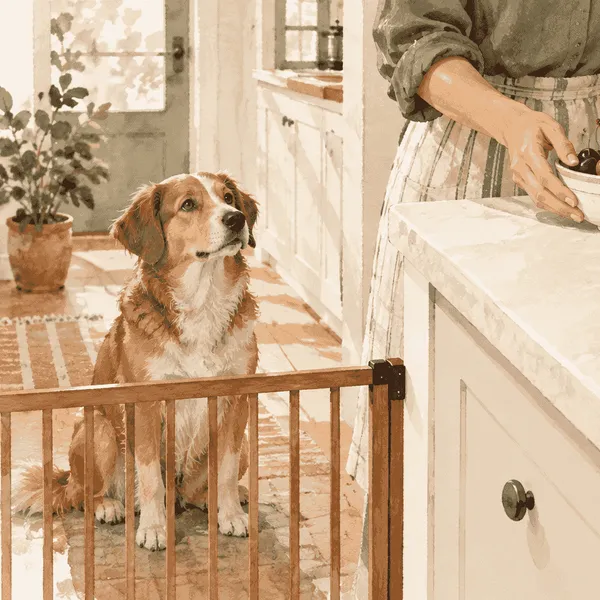 A dog waits beside a small bowl of whole cherries and a separate note about keeping the pits away.