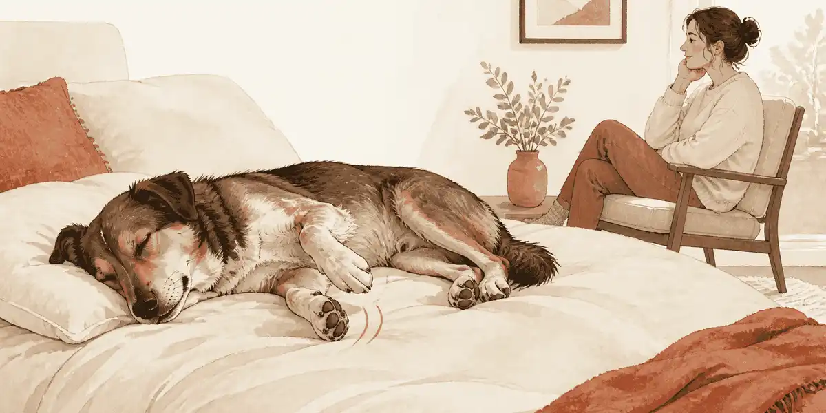 A relaxed mixed-breed dog sleeps on a cream bed while a caregiver observes a small paw twitch from a respectful distance.