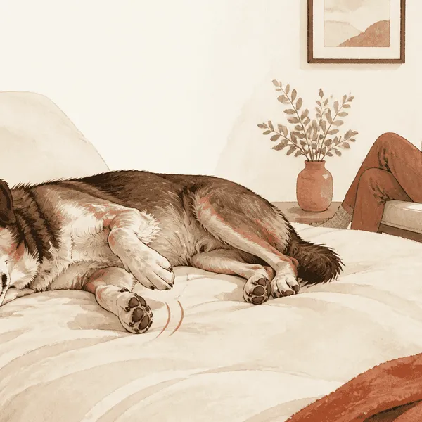 A relaxed mixed-breed dog sleeps on a cream bed while a caregiver observes a small paw twitch from a respectful distance.