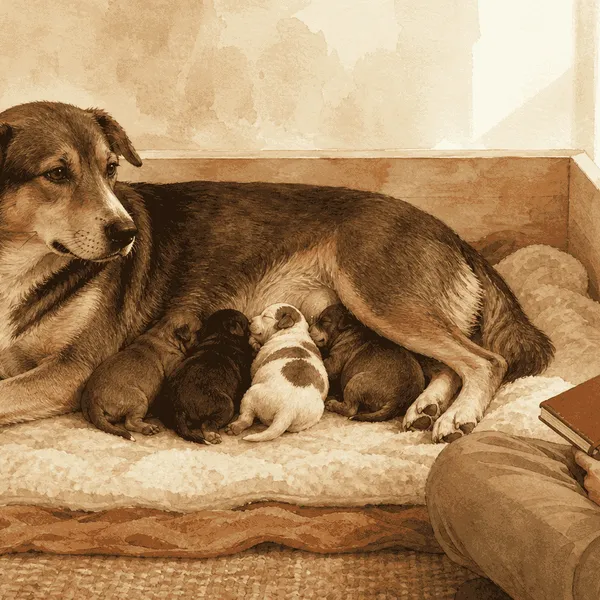 A mother dog resting with her newborn puppies in a clean, sheltered nest while a caregiver observes nearby.