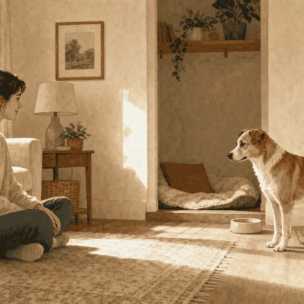 A first-time dog owner sits beside a calm mixed-breed dog in a prepared living room with an open resting nook nearby.