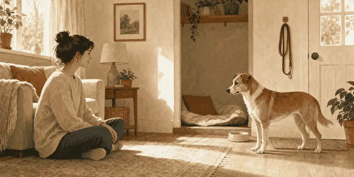A first-time dog owner sits beside a calm mixed-breed dog in a prepared living room with an open resting nook nearby.
