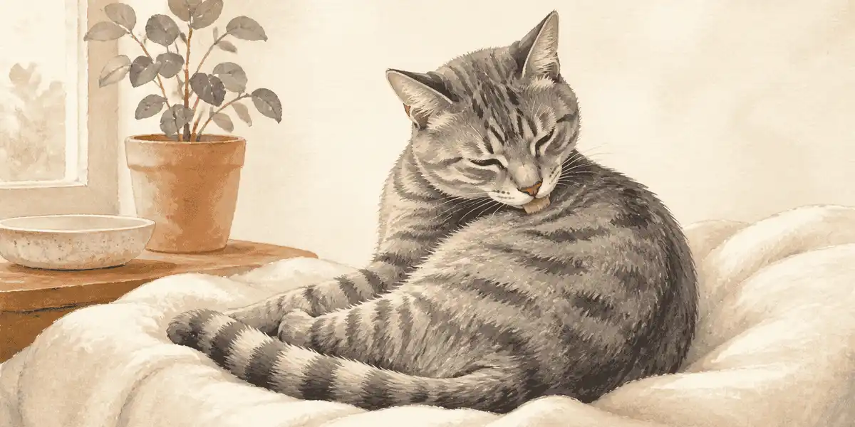 A gray tabby cat pauses after grooming on a cream blanket while a caregiver records a quiet observation nearby.