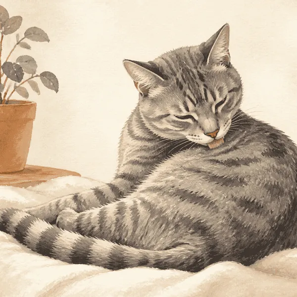 A gray tabby cat pauses after grooming on a cream blanket while a caregiver records a quiet observation nearby.