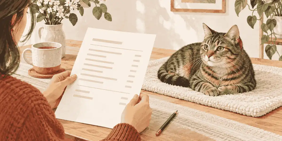 A caregiver compares two unbranded cat dental estimates beside a relaxed tabby on a cream mat.