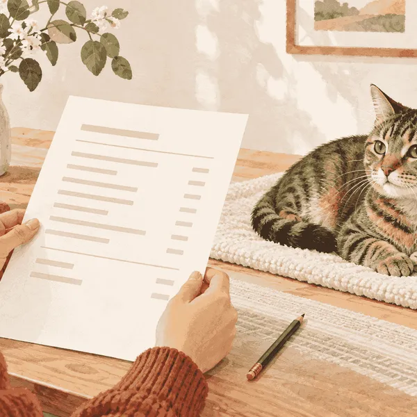 A caregiver compares two unbranded cat dental estimates beside a relaxed tabby on a cream mat.