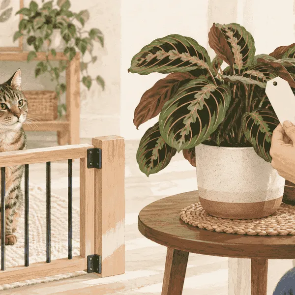 A tabby cat watches from behind a low gate while a caregiver checks a prayer plant label beside a secure pot.