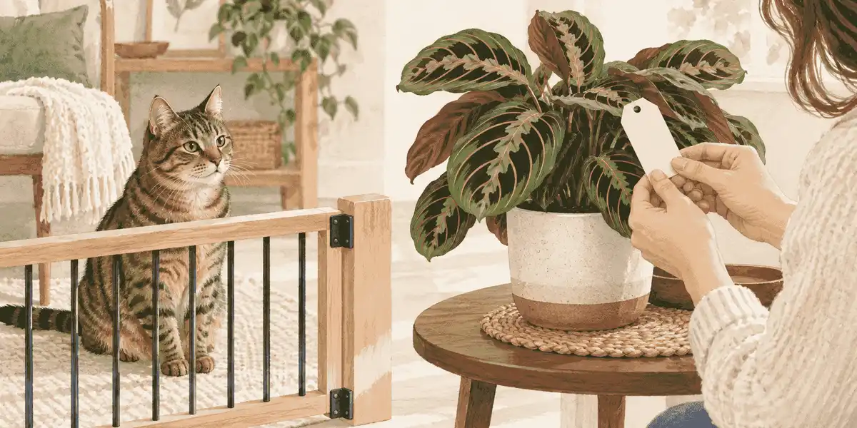 A tabby cat watches from behind a low gate while a caregiver checks a prayer plant label beside a secure pot.