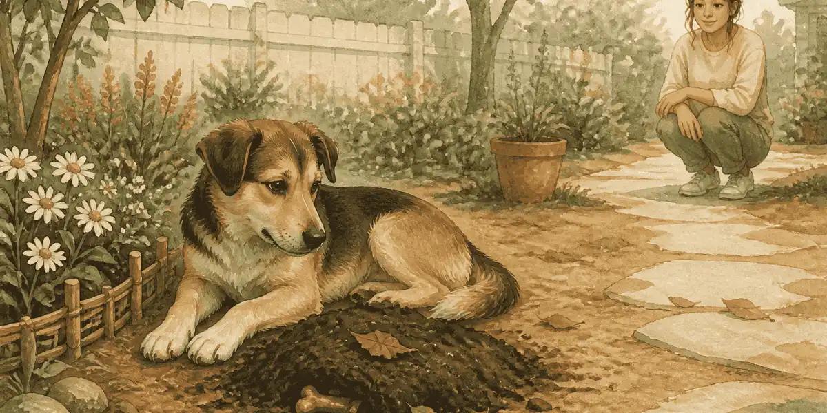 A young mixed-breed dog rests beside a small covered garden spot while a caregiver observes from a clear path.