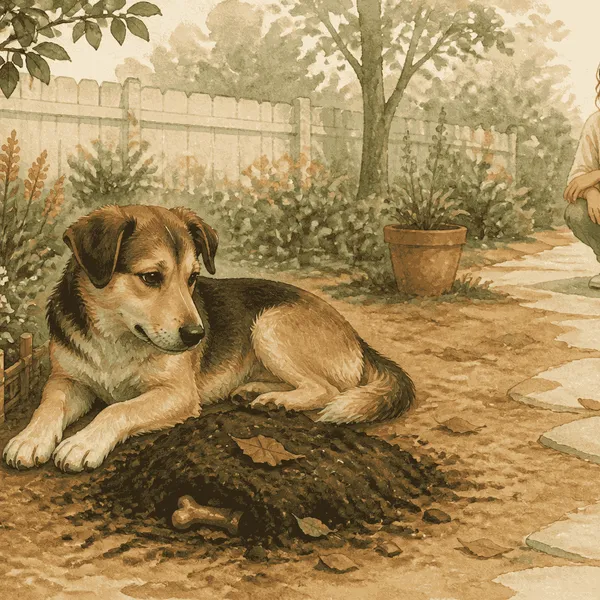 A young mixed-breed dog rests beside a small covered garden spot while a caregiver observes from a clear path.