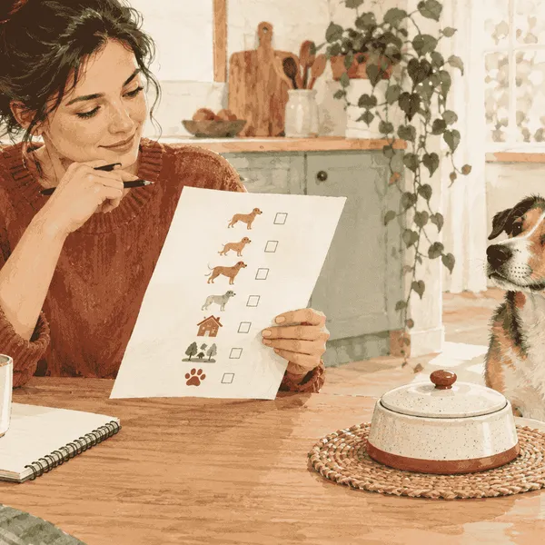 A calm mixed-breed dog sits beside a covered unbranded bowl while a caregiver reviews a household nutrition checklist.