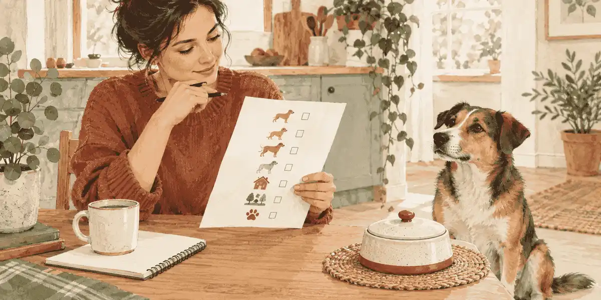 A calm mixed-breed dog sits beside a covered unbranded bowl while a caregiver reviews a household nutrition checklist.