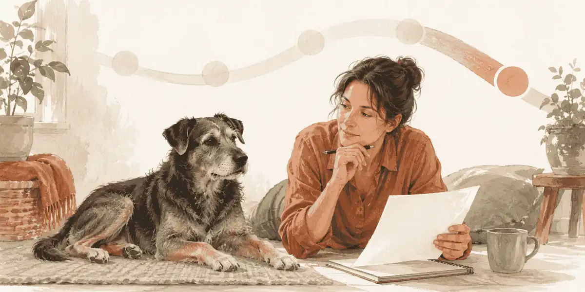 A gray-muzzled dog rests beside a caregiver reviewing a life-stage chart and veterinary questions.