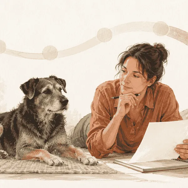 A gray-muzzled dog rests beside a caregiver reviewing a life-stage chart and veterinary questions.