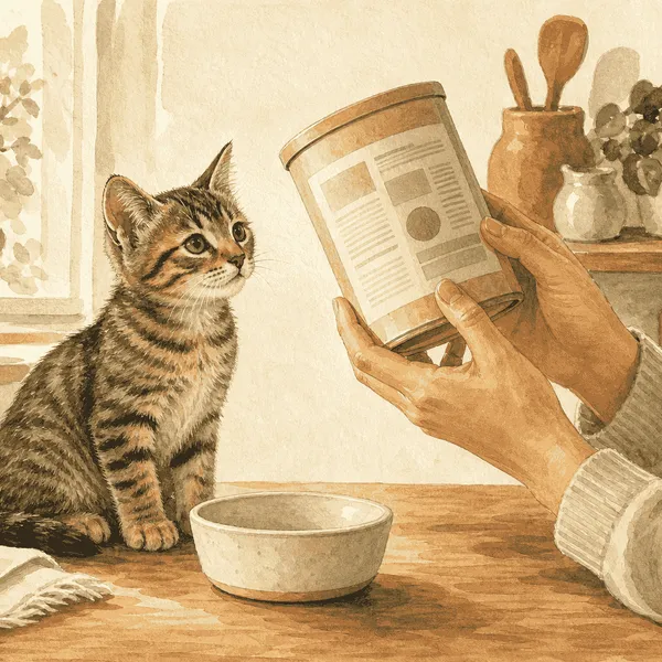 A tabby kitten watches a person read an unbranded food label beside an empty ceramic bowl.