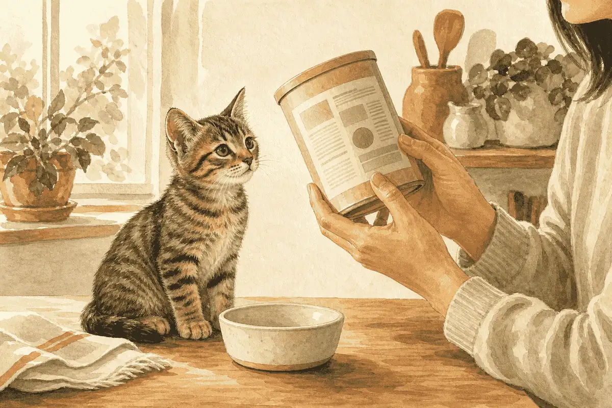 A tabby kitten watches a person read an unbranded food label beside an empty ceramic bowl.