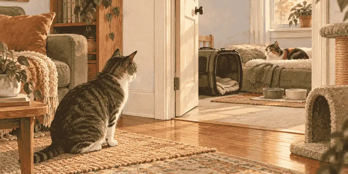Two domestic cats remain on separate sides of an open interior doorway after one returns from a veterinary visit.
