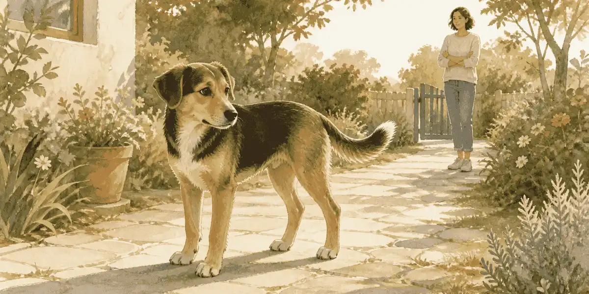 A young mixed-breed dog pauses on a garden path while a caregiver watches its tail and whole-body posture from a respectful distance.