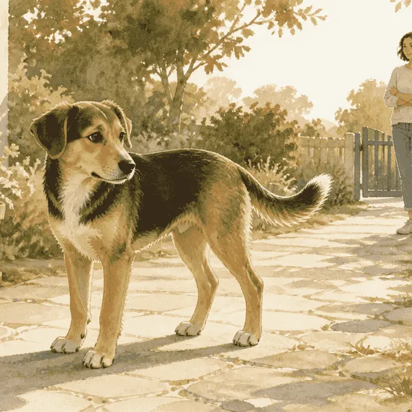 A young mixed-breed dog pauses on a garden path while a caregiver watches its tail and whole-body posture from a respectful distance.