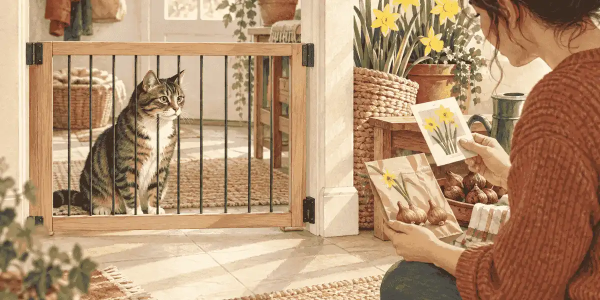 A tabby cat watches from behind a low gate while a caregiver checks a daffodil bulb packet and plant label.