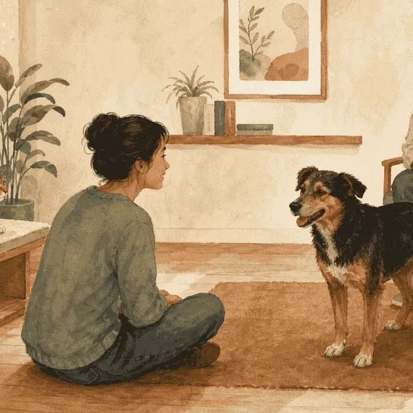 A prospective adopter sits with a calm adult cat and dog while a caregiver observes in a quiet adoption room.