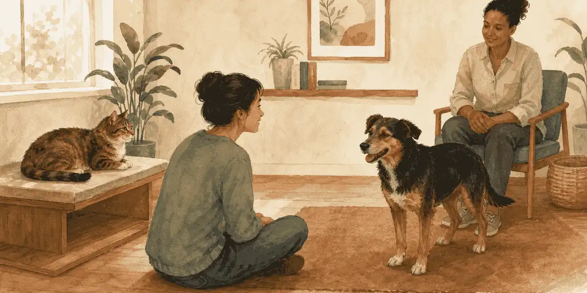 A prospective adopter sits with a calm adult cat and dog while a caregiver observes in a quiet adoption room.