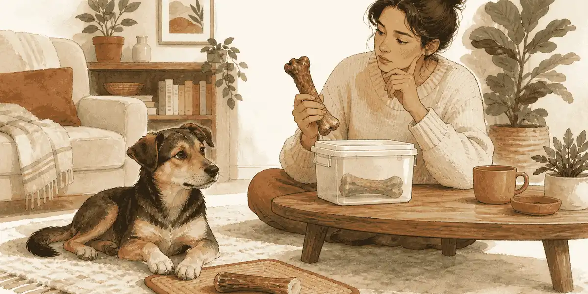 A young mixed-breed dog waits on a rug while a caregiver holds a large bone beside a container of bones in a warm living room.