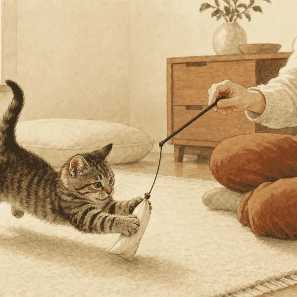 A tabby kitten pounces on a cream fabric toy moved by a caregiver in a warm living room.