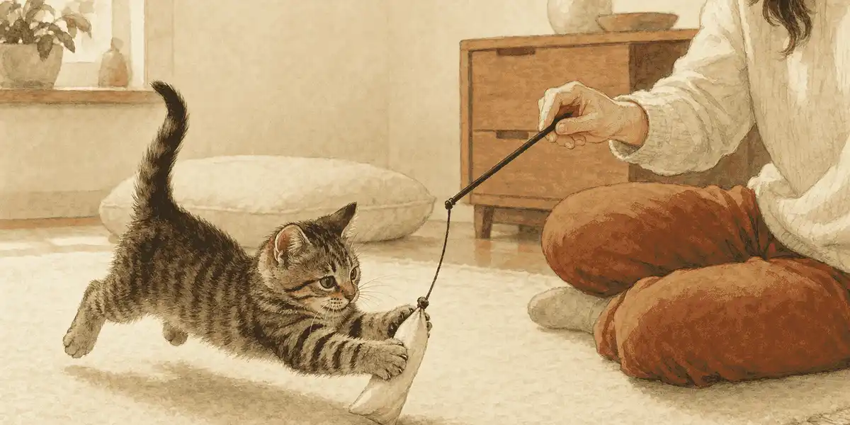 A tabby kitten pounces on a cream fabric toy moved by a caregiver in a warm living room.
