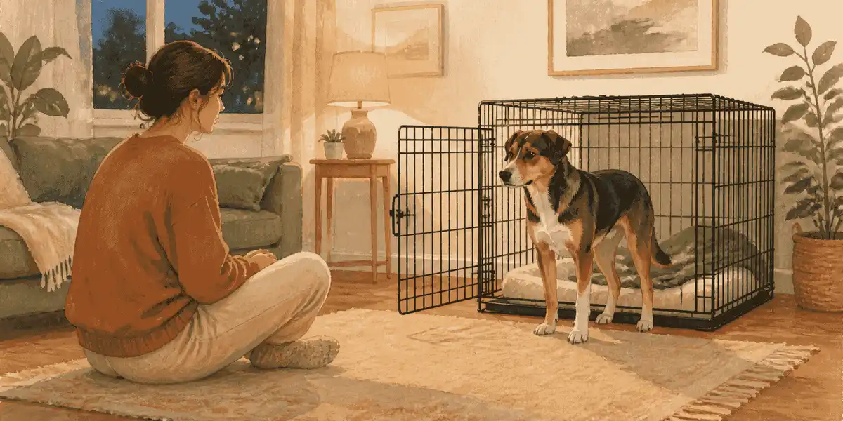 A mixed-breed dog stands at the threshold of an open crate while a caregiver pauses nearby in a warm evening living room.