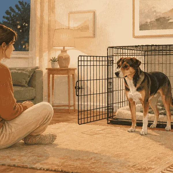 A mixed-breed dog stands at the threshold of an open crate while a caregiver pauses nearby in a warm evening living room.