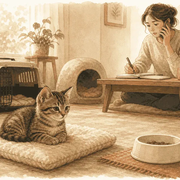 A new tabby kitten rests near a clean food bowl while a caregiver calls a veterinary clinic and checks a meal note.