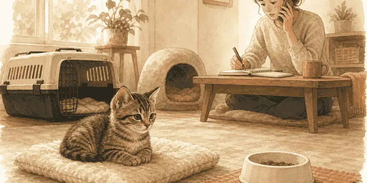 A new tabby kitten rests near a clean food bowl while a caregiver calls a veterinary clinic and checks a meal note.