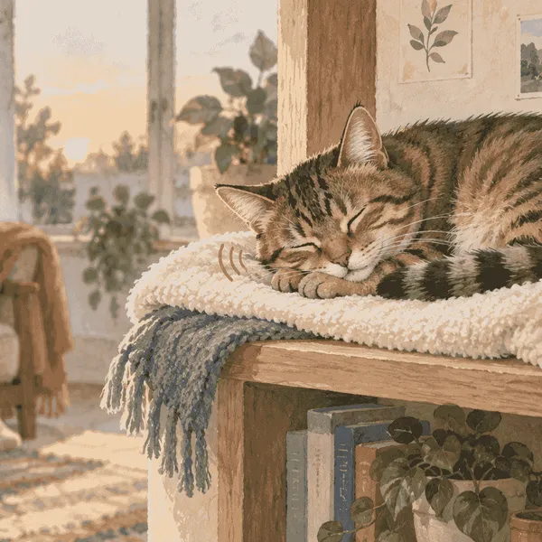 A tabby cat sleeps in a quiet elevated nook while a caregiver writes a short observation note from a respectful distance.