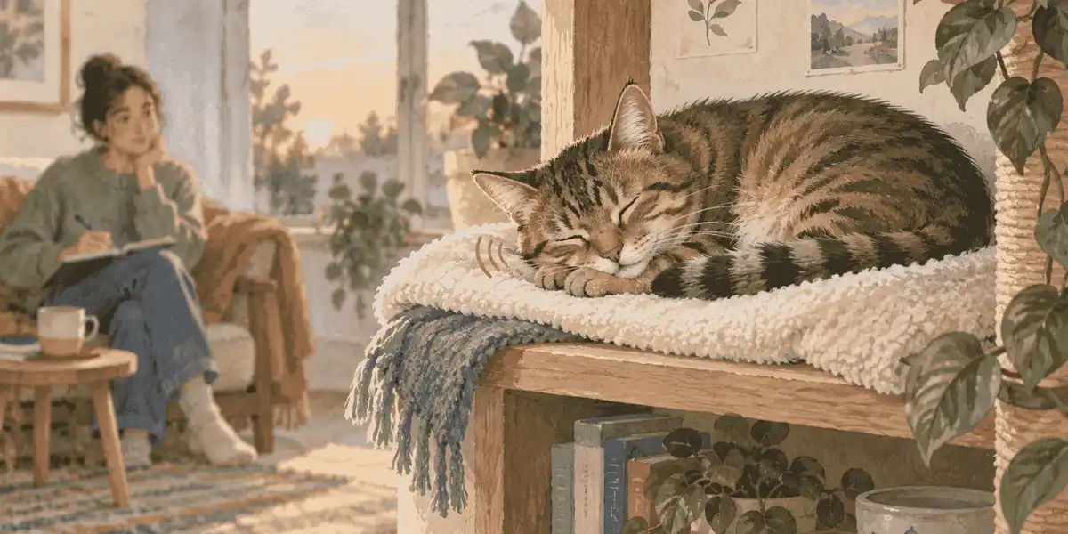 A tabby cat sleeps in a quiet elevated nook while a caregiver writes a short observation note from a respectful distance.