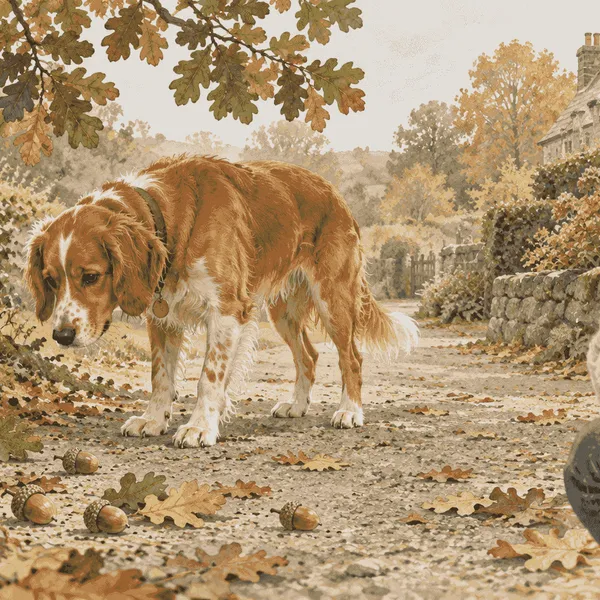 A caregiver watches a dog near oak leaves and acorns beside a garden path.