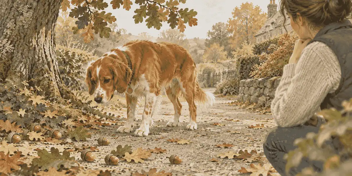 A caregiver watches a dog near oak leaves and acorns beside a garden path.