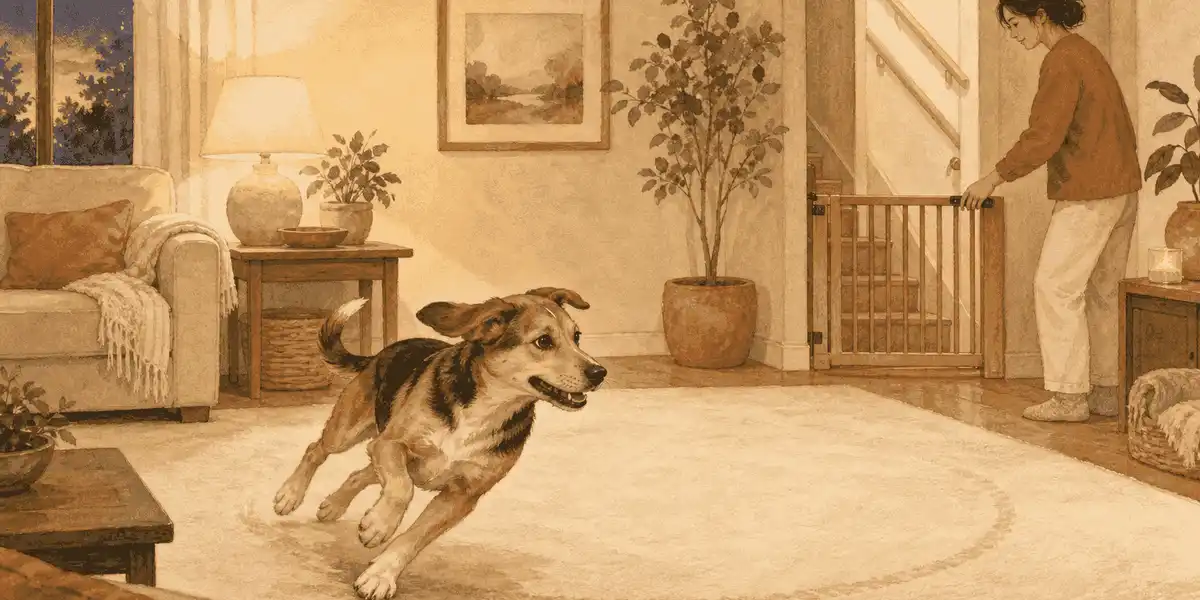 A young dog running across a clear living-room rug while a caregiver closes a stair gate.