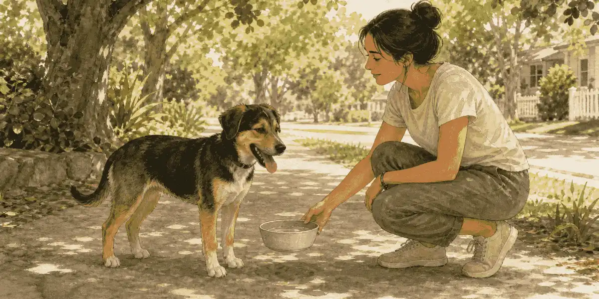 A young dog stands in tree shade beside a calm caregiver holding a water bowl after a warm walk.
