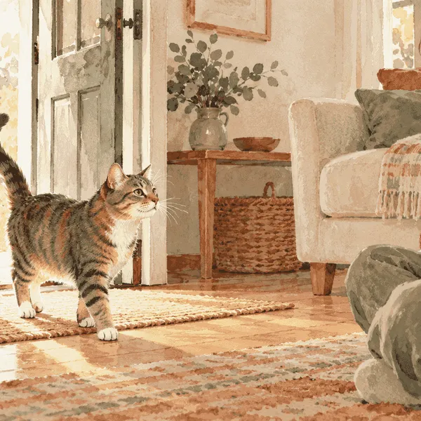 A tabby cat pauses beside an open doorway while a caregiver watches its approach without reaching.