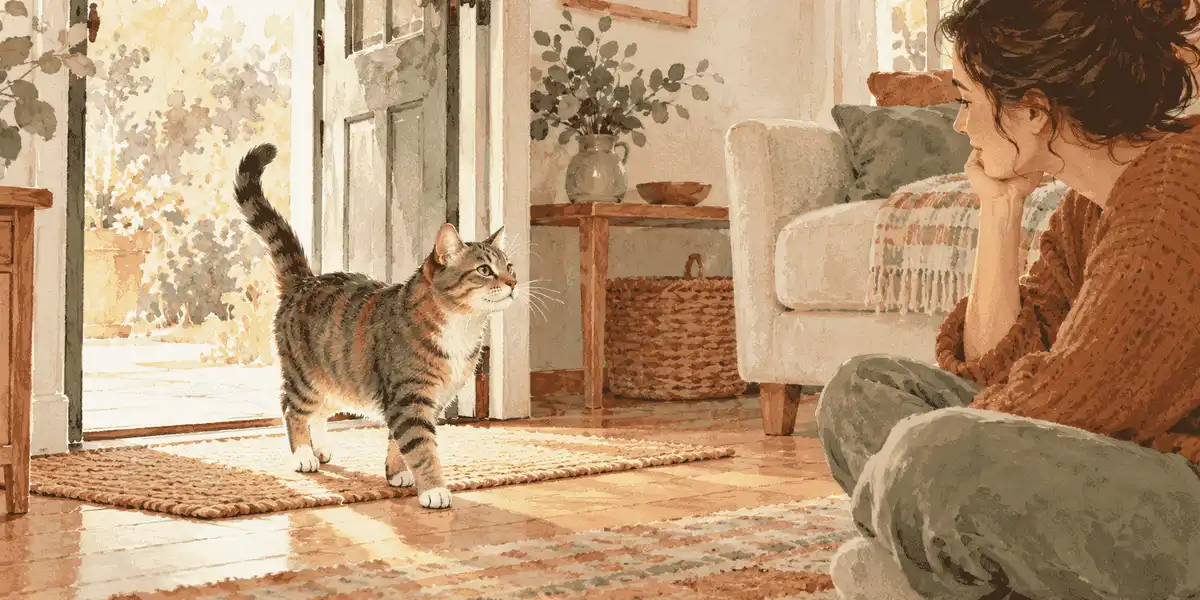 A tabby cat pauses beside an open doorway while a caregiver watches its approach without reaching.